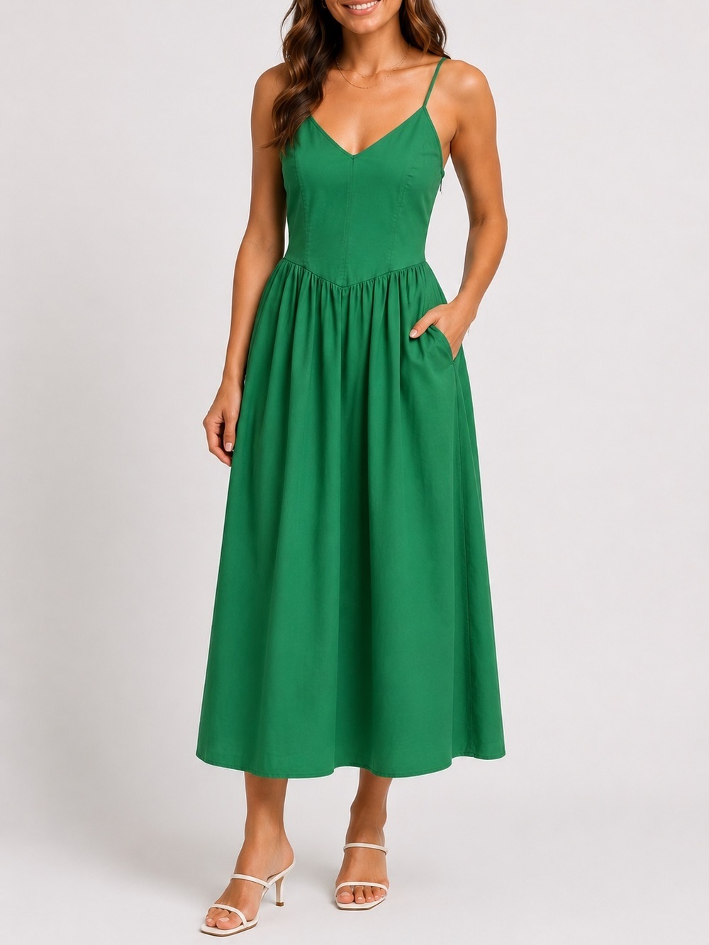 Cotton Poplin Midi Dress Green Sleeveless Pockets Smocked Back WAYF Small